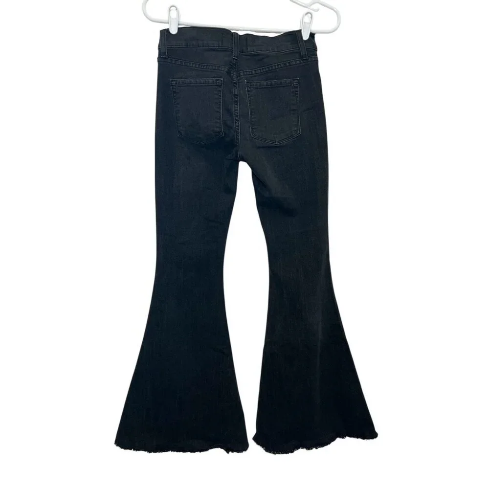Free People Mid Rise Black Flare Jeans Size 27 Raw Hem Stretch Denim Zipper - Picture 2 of 10
